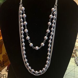 Handcrafted grey faux Pearl and silver tone chain Necklace